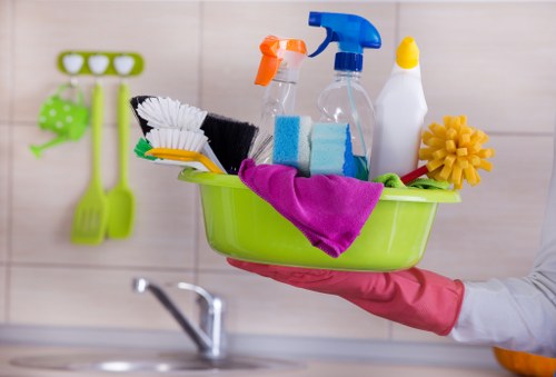 Cleaning staff with gloves and protective equipment